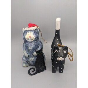 Folk Art Cat Christmas Ornament lot 3 Mexico Carved Cat Punched Tin Paper Mache